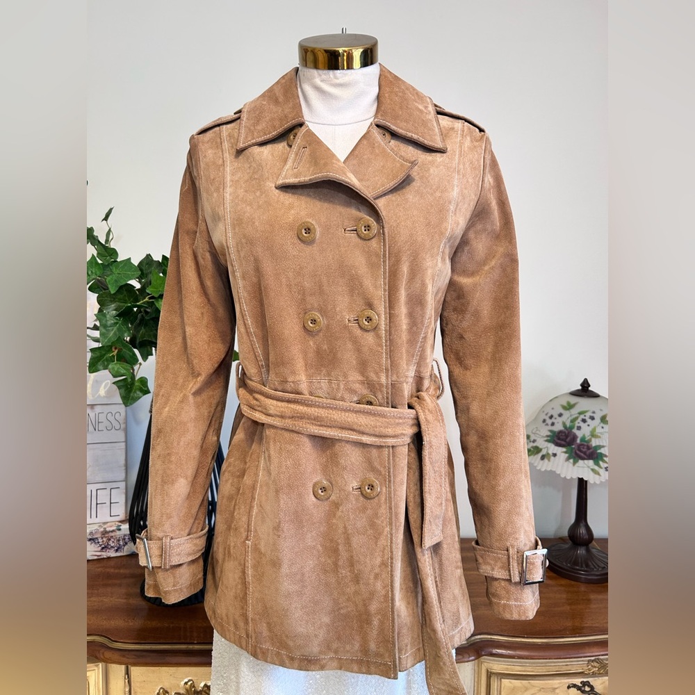 Wilsons Maxima Tan Suede Leather Double Breasted Belted Trench Jacket